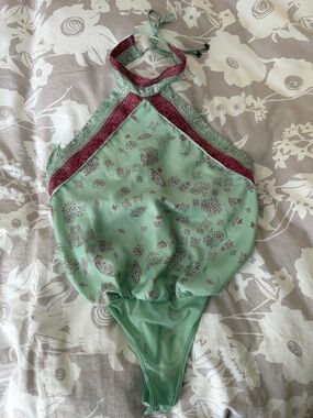 Free People Mint Green Halter Bodysuit with Cranberry Trim